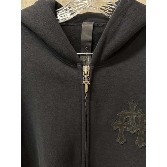 Chrome Hearts Black Hoodie W/ Leather Sleeves & Gothic Cross Details Full Zip Co - Picture 15 of 16